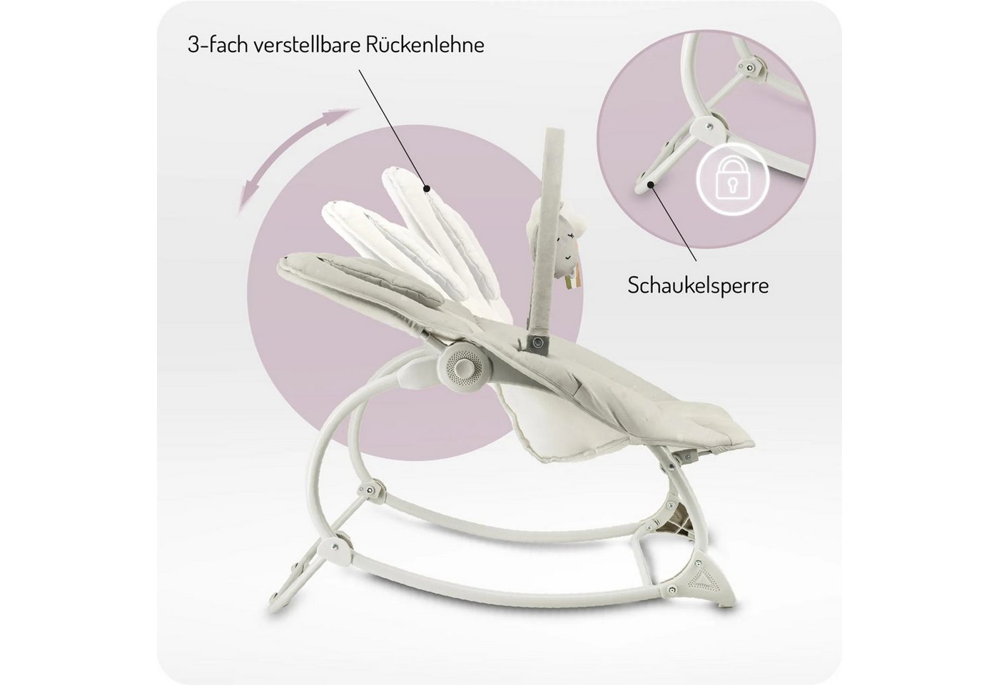 MoMi Babyschaukel LAPIS Elektrische Babywippe mit Musikmodul in Hellgrau - 8 Melodien, Babywippe, Babyliegesitz, manuelles Schaukeln, waschbarer Bezug