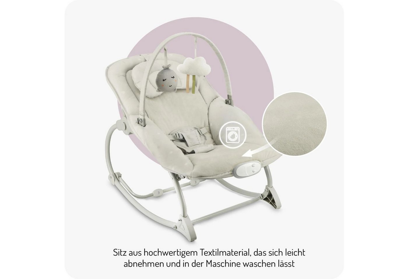 MoMi Babyschaukel LAPIS Elektrische Babywippe mit Musikmodul in Hellgrau - 8 Melodien, Babywippe, Babyliegesitz, manuelles Schaukeln, waschbarer Bezug Bild 4