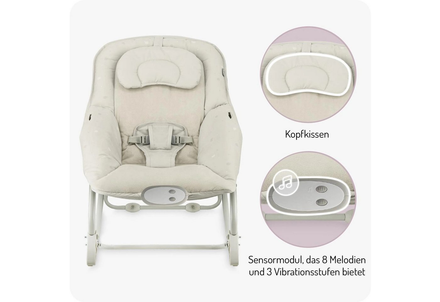 MoMi Babyschaukel LAPIS Elektrische Babywippe mit Musikmodul in Hellgrau - 8 Melodien, Babywippe, Babyliegesitz, manuelles Schaukeln, waschbarer Bezug Bild 5