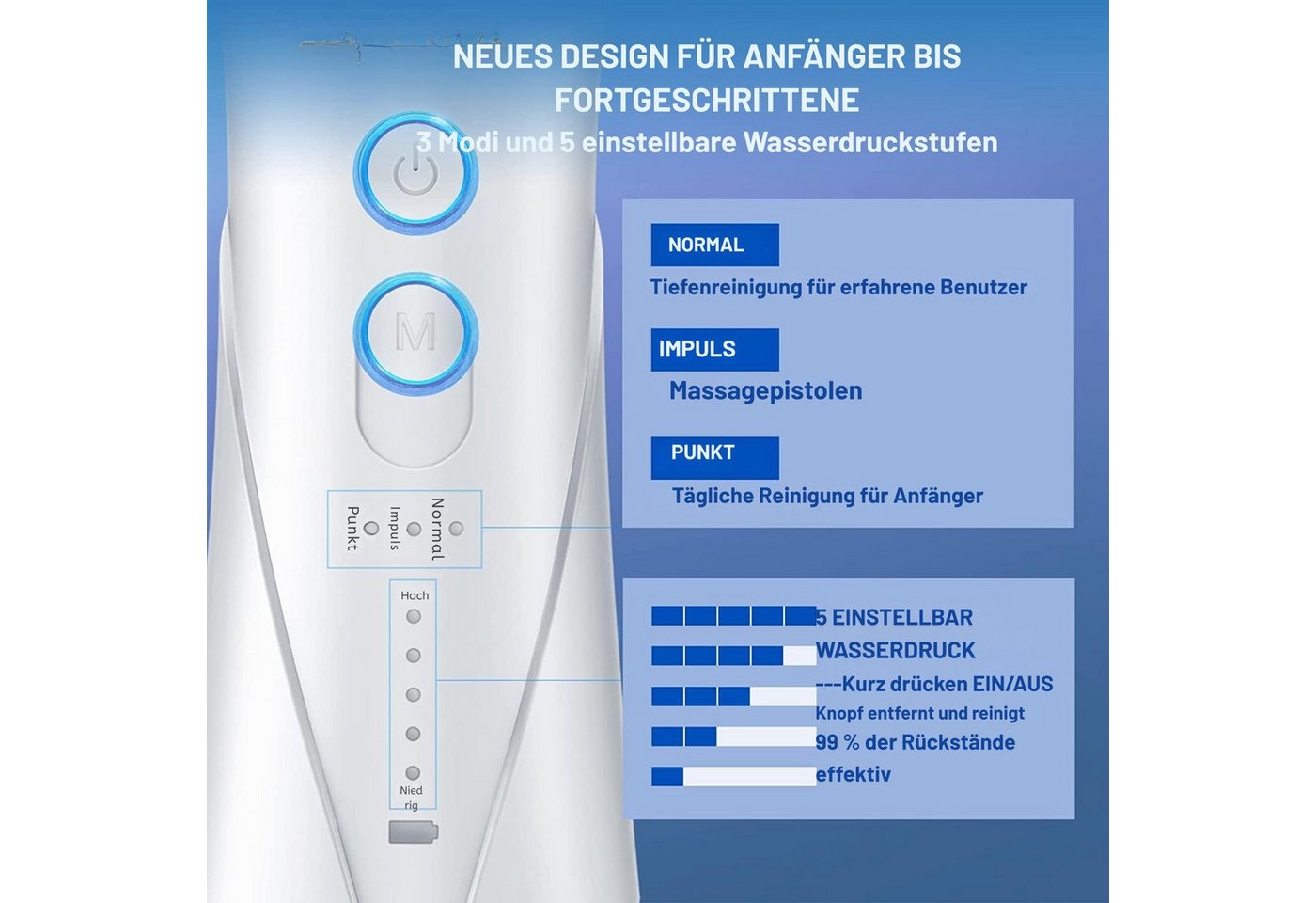 Vivitar Munddusche Wiederaufladbar mit 250 ml Wassertank, 3 Modi und 15 Druckstufen, für Zähne und Zahnzwischenräume Zahnreiniger4 Düsen, 360° Düse Bild 4