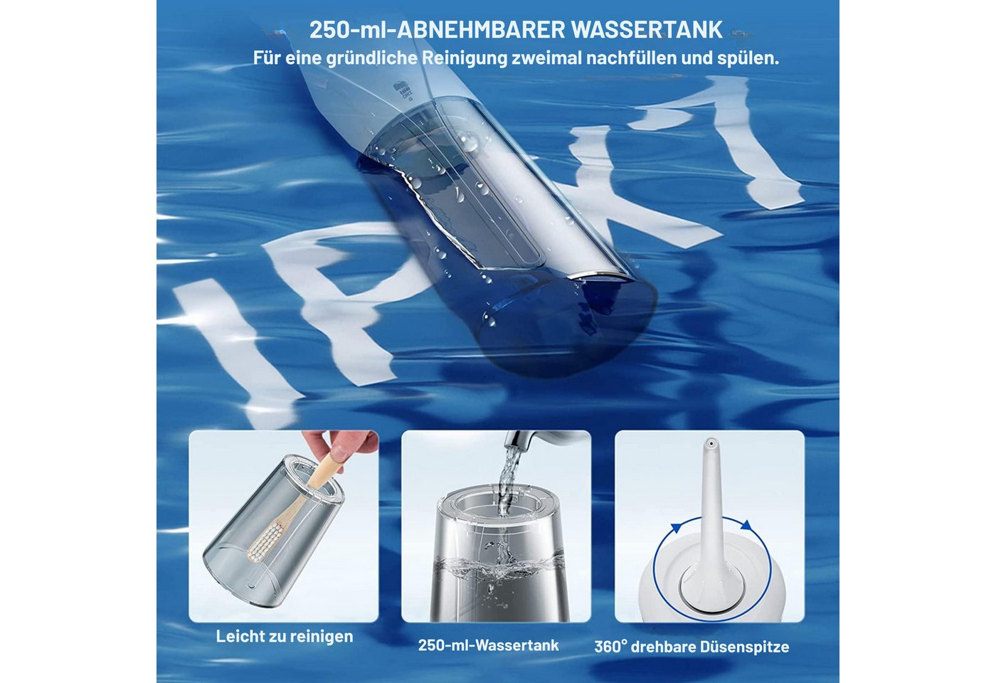 Vivitar Munddusche Wiederaufladbar mit 250 ml Wassertank, 3 Modi und 15 Druckstufen, für Zähne und Zahnzwischenräume Zahnreiniger4 Düsen, 360° Düse Bild 5