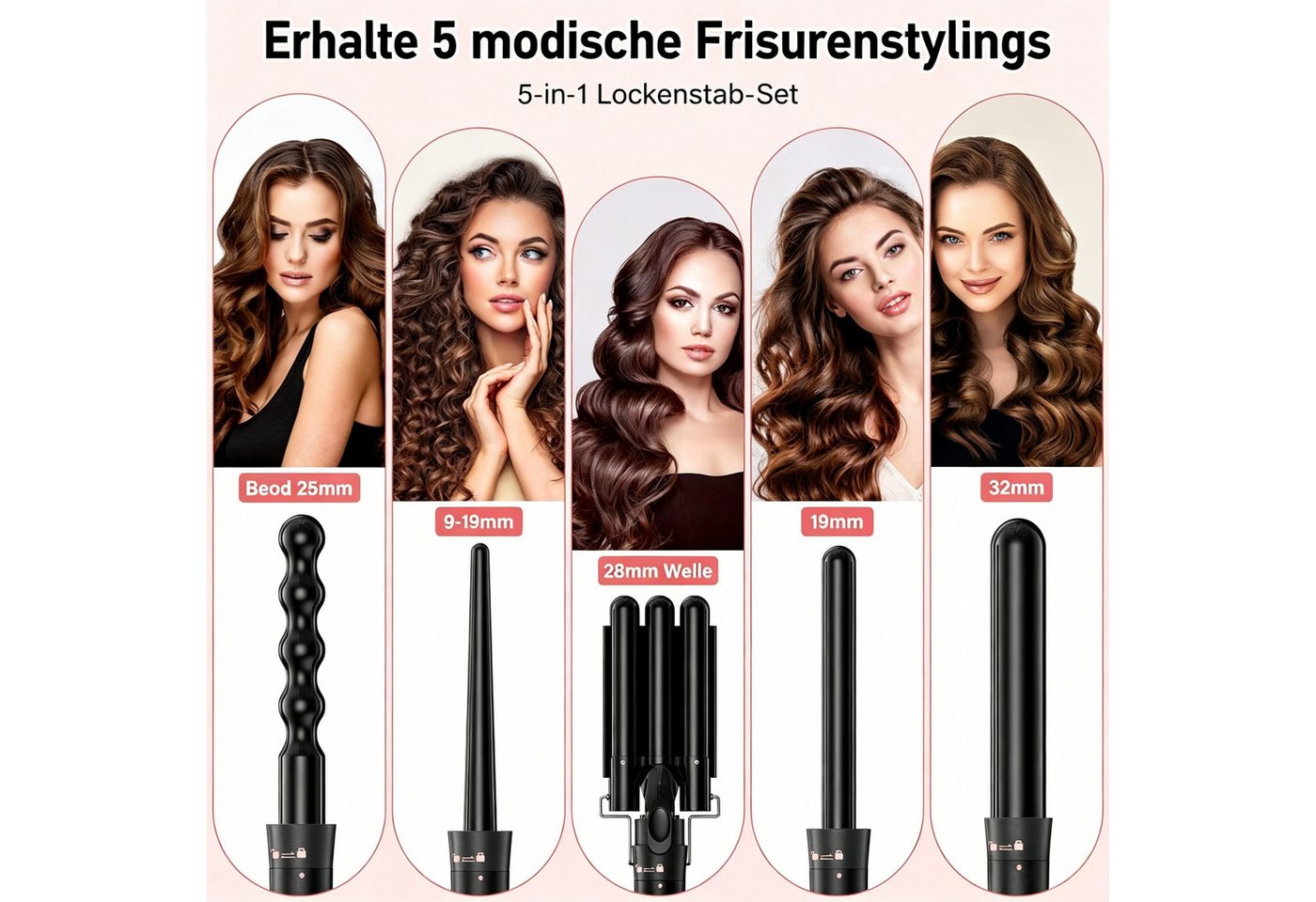 AIBISTAR Lockenstab 5-in-1 Multifunktion Lockenstylist, 5 Größen, 80–230°C, 30s Aufheizung, 9-28mm, 3 Temperaturbereiche – für feines/normales/dickes Haar Bild 4