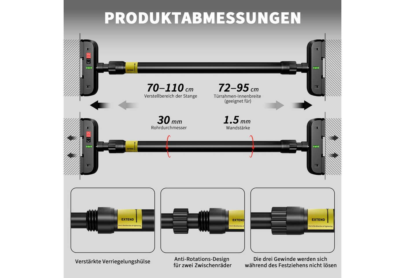 GarveeMore Türreck Klimmzugstange für Türrahmen, bis 200 kg belastbar, 360°-Doppelgetriebe-Schloss, klemmbar ohne Bohren, für Heimtraining Bild 2