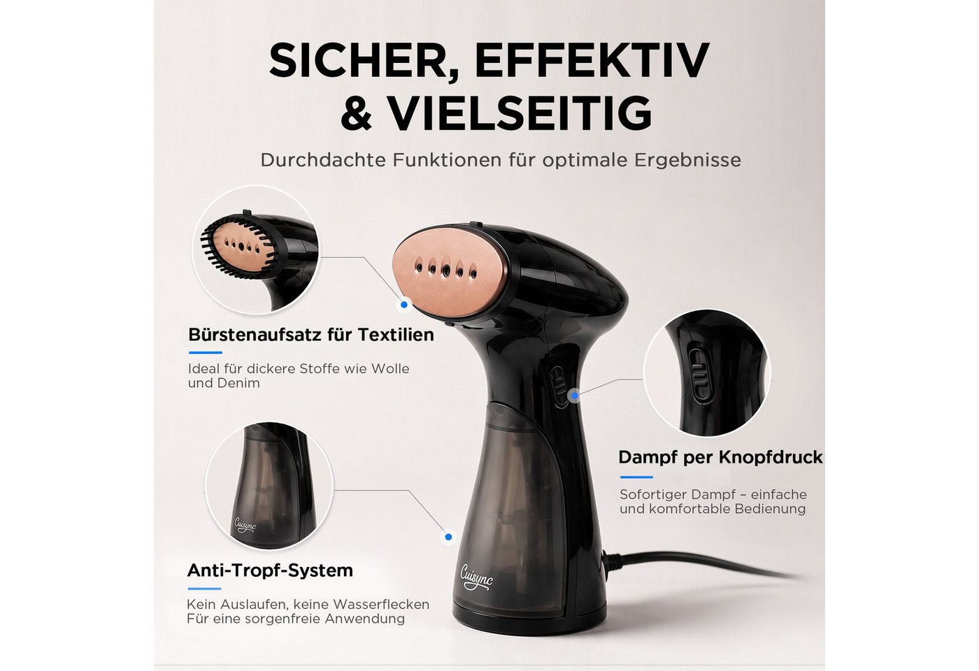 CUISYNC Dampfglätter GY-2000 Hand-Dampfglätter 1600 W, 10 Sek., 150 ml, Reise & Büro, 1600 W, 1600 W starker Dampf, 150 ml Wassertank, vertikal und horizontal Bild 3