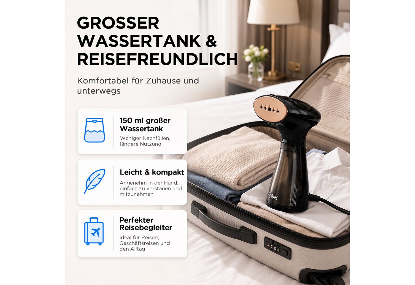 CUISYNC Dampfglätter GY-2000 Hand-Dampfglätter 1600 W, 10 Sek., 150 ml, Reise & Büro, 1600 W, 1600 W starker Dampf, 150 ml Wassertank, vertikal und horizontal Bild 4