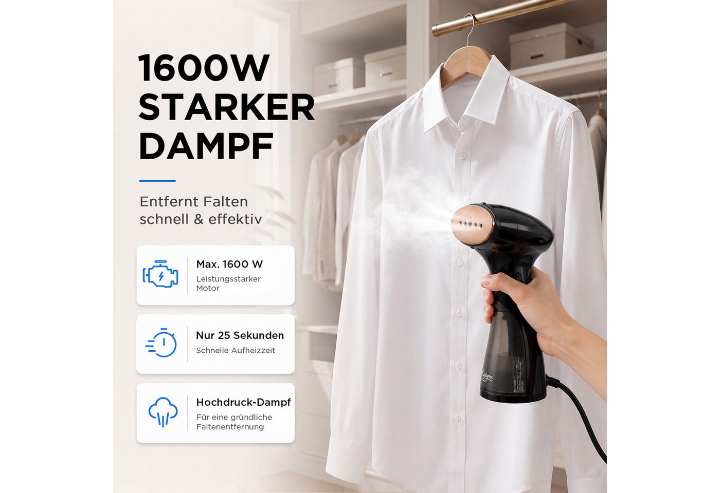 CUISYNC Dampfglätter GY-2000 Hand-Dampfglätter 1600 W, 10 Sek., 150 ml, Reise & Büro, 1600 W, 1600 W starker Dampf, 150 ml Wassertank, vertikal und horizontal Bild 5