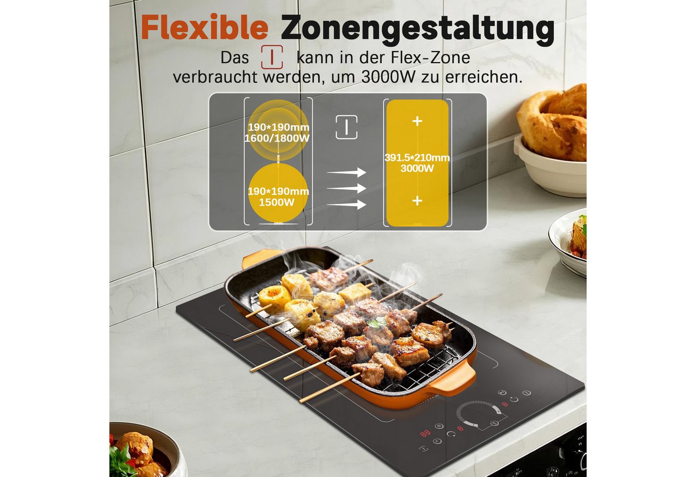 NOXTON Induktions-Kochfeld Induktionsfeld 2 Zonen mit Stecker, Kochfeld 30 cm Einbau, mit Rundregler, Timer, Sicherheitsschloss, 3500W Bild 4