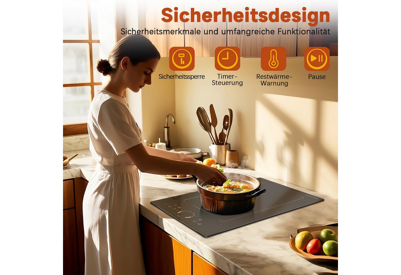 NOXTON Induktions-Kochfeld Induktionsfeld 2 Zonen mit Stecker, Kochfeld 30 cm Einbau, mit Rundregler, Timer, Sicherheitsschloss, 3500W Bild 5