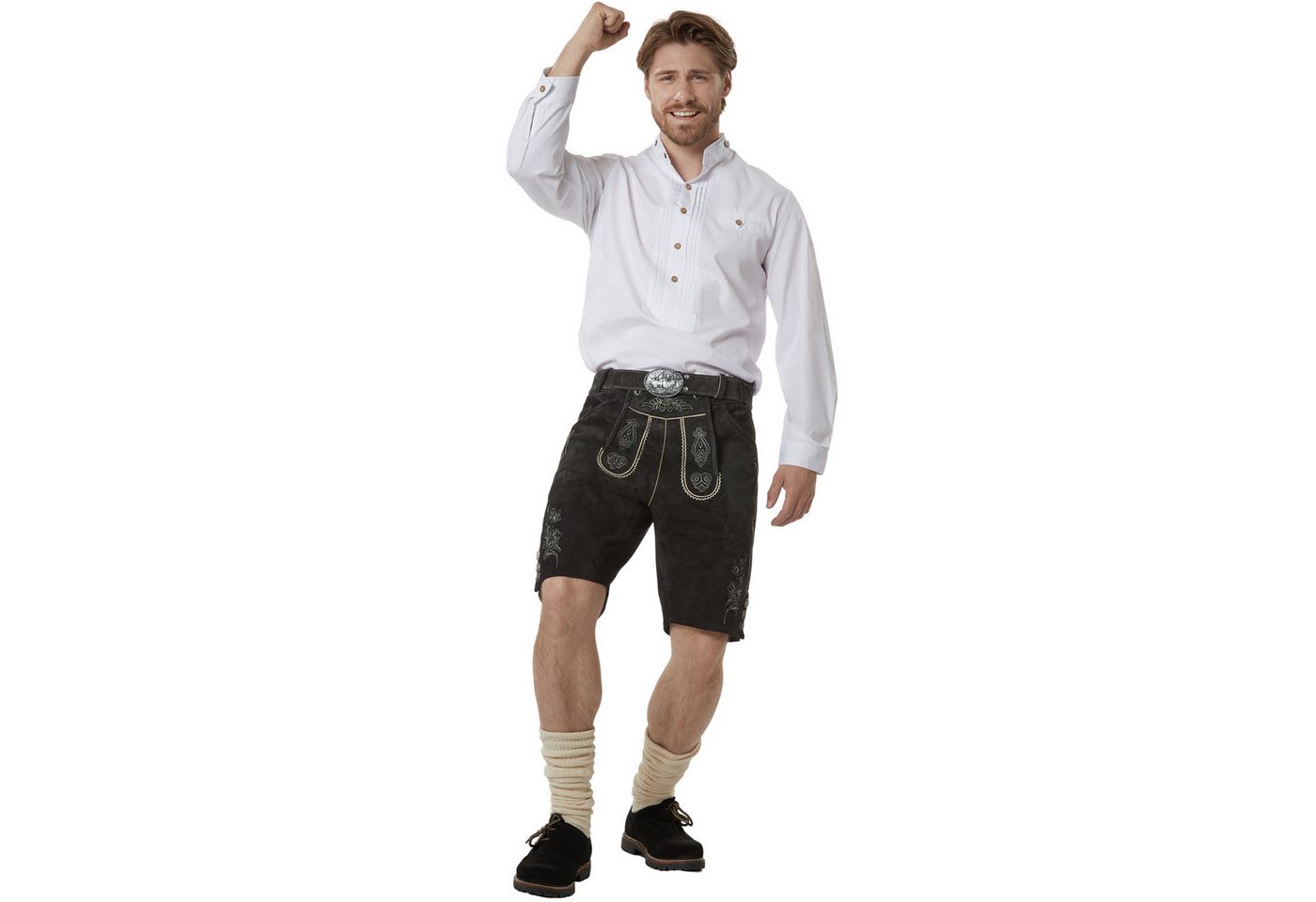 dressforfun Trachtenhose Klassische kurze Lederhose mit aufwendiger Stickerei, langlebig (Herrenhose Jannis, für Volksfeste in Schwarz) authentische Knochenknöpfe, Inkl. Gürtel und Hosenträgern