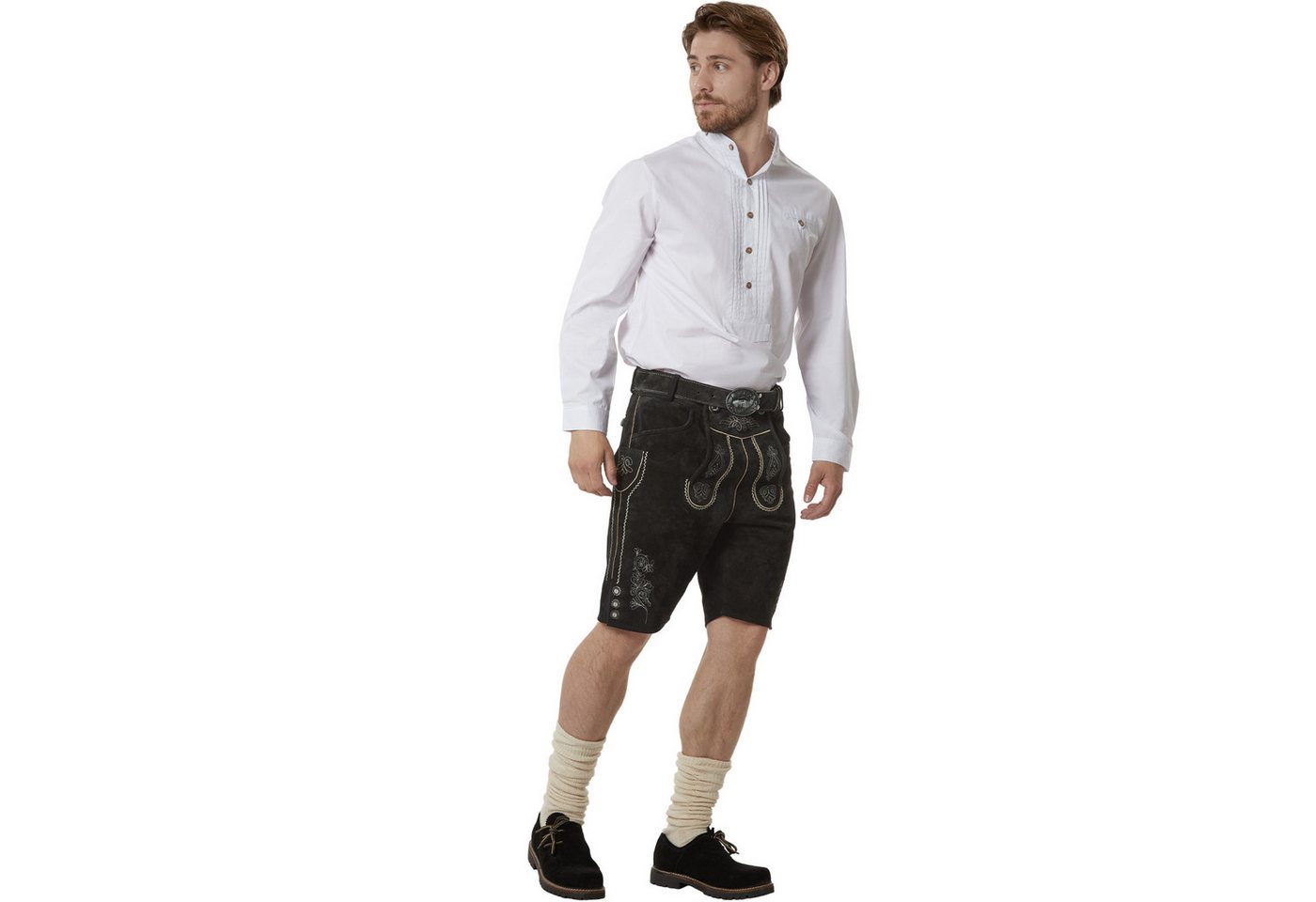 dressforfun Trachtenhose Klassische kurze Lederhose mit aufwendiger Stickerei, langlebig (Herrenhose Jannis, für Volksfeste in Schwarz) authentische Knochenknöpfe, Inkl. Gürtel und Hosenträgern Bild 2