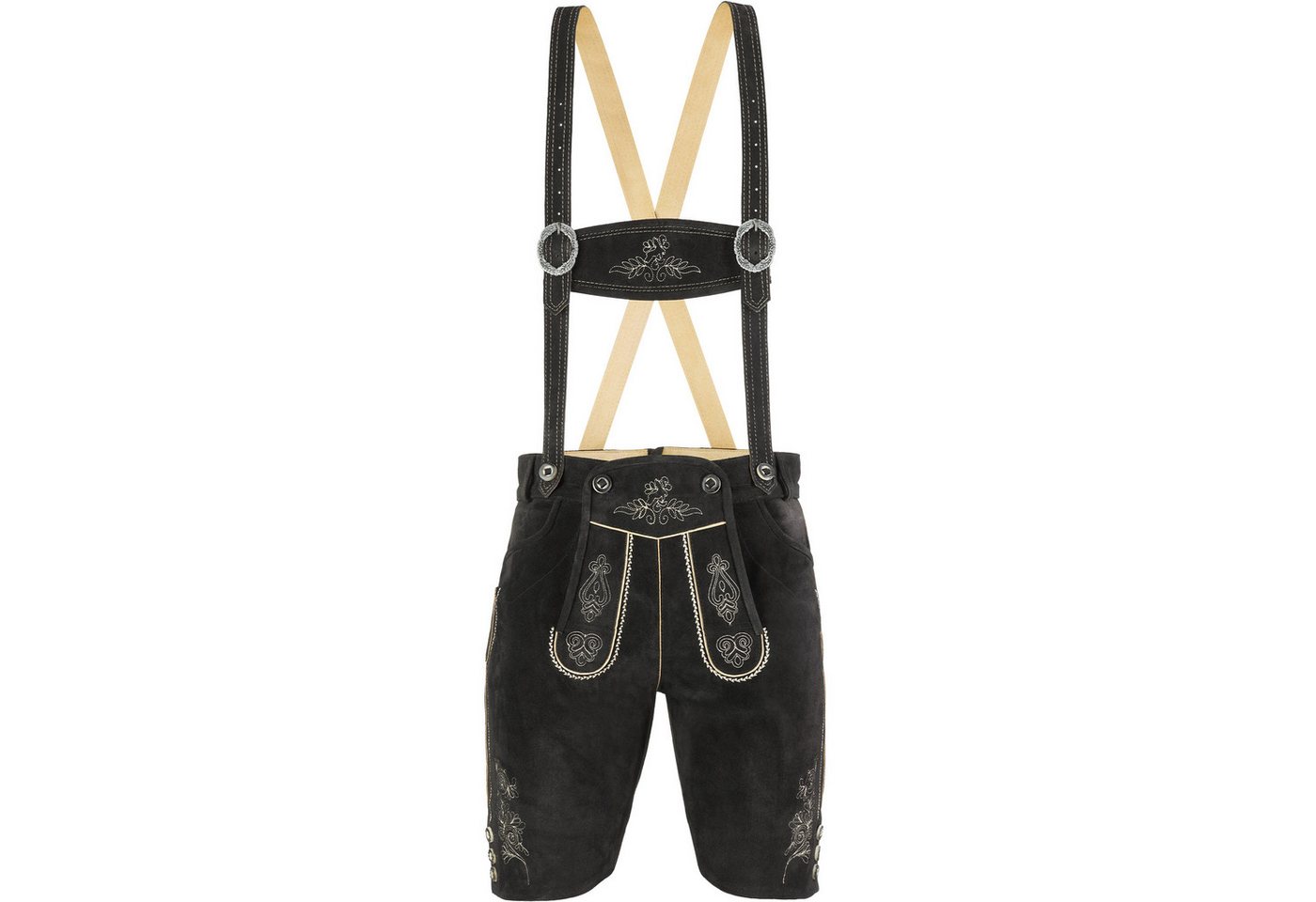 dressforfun Trachtenhose Klassische kurze Lederhose mit aufwendiger Stickerei, langlebig (Herrenhose Jannis, für Volksfeste in Schwarz) authentische Knochenknöpfe, Inkl. Gürtel und Hosenträgern Bild 4