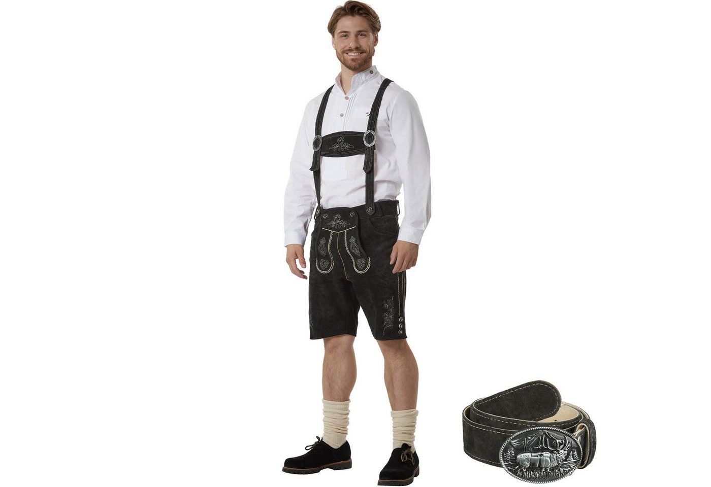 dressforfun Trachtenhose Klassische kurze Lederhose mit aufwendiger Stickerei, langlebig (Herrenhose Jannis, für Volksfeste in Schwarz) authentische Knochenknöpfe, Inkl. Gürtel und Hosenträgern Bild 5