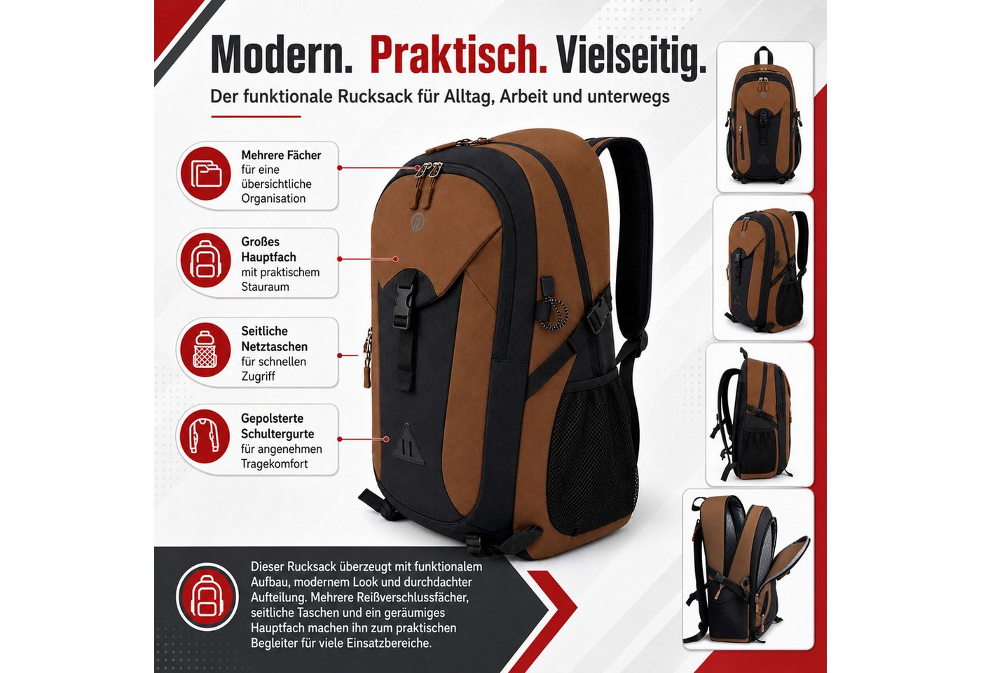 HELLSER Freizeitrucksack Outdoor Rucksack 30L für Wandern, Freizeit & Ausflüge, Wasserabweisend, gepolstert, 52x32x20cm Bild 3