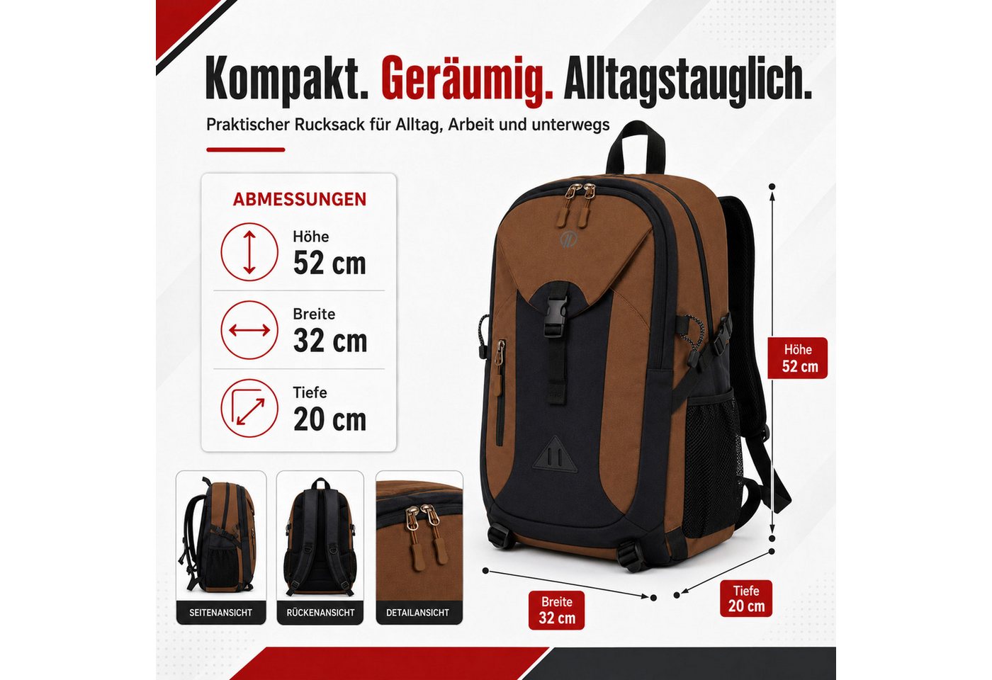 HELLSER Freizeitrucksack Outdoor Rucksack 30L für Wandern, Freizeit & Ausflüge, Wasserabweisend, gepolstert, 52x32x20cm Bild 4