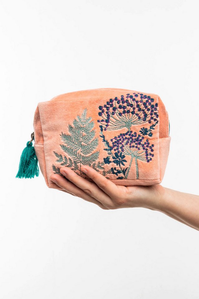 Tranquillo Kosmetiktasche aus Bio-Baumwolle VELVET LEAVES groß 24x14x8 cm mit Reißverschluss, Samt-Kulturbeutel mit floraler Stickerei für Accessoires und Makeup