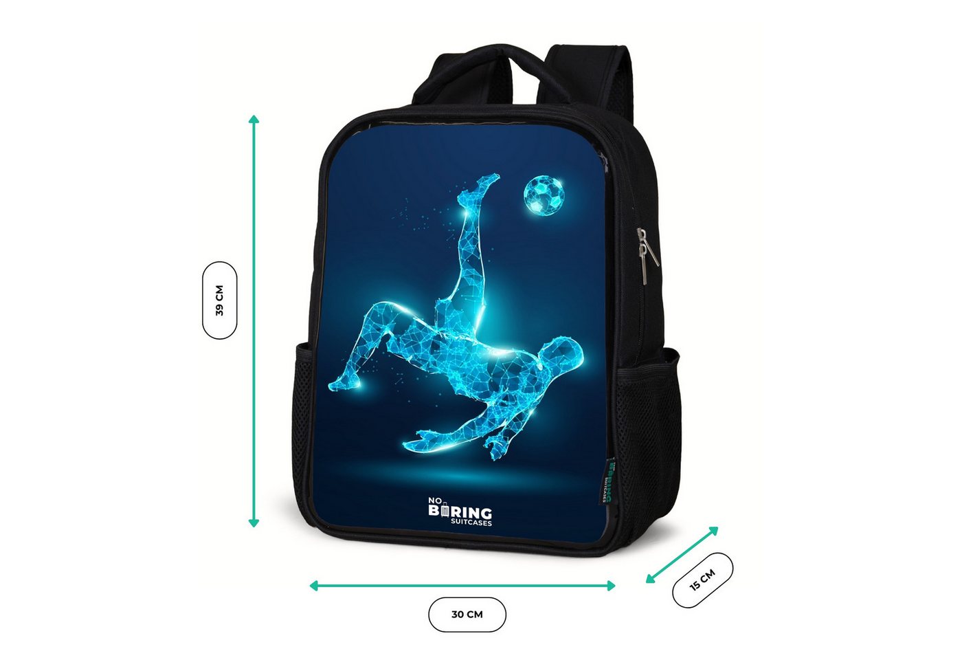 NoBoringSuitcases.com© Rucksack Schwarz - Omake in blauem Neon-Fußball, Kinderrucksack Schwarz, Schulrucksack, Freizeitrucksack Jungen Mädchen Bild 2