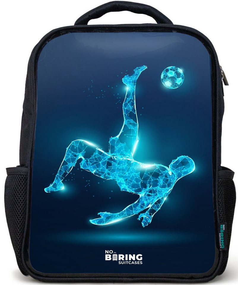 NoBoringSuitcases.com© Rucksack Schwarz - Omake in blauem Neon-Fußball, Kinderrucksack Schwarz, Schulrucksack, Freizeitrucksack Jungen Mädchen Bild 3