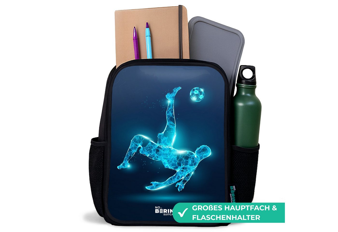 NoBoringSuitcases.com© Rucksack Schwarz - Omake in blauem Neon-Fußball, Kinderrucksack Schwarz, Schulrucksack, Freizeitrucksack Jungen Mädchen Bild 4