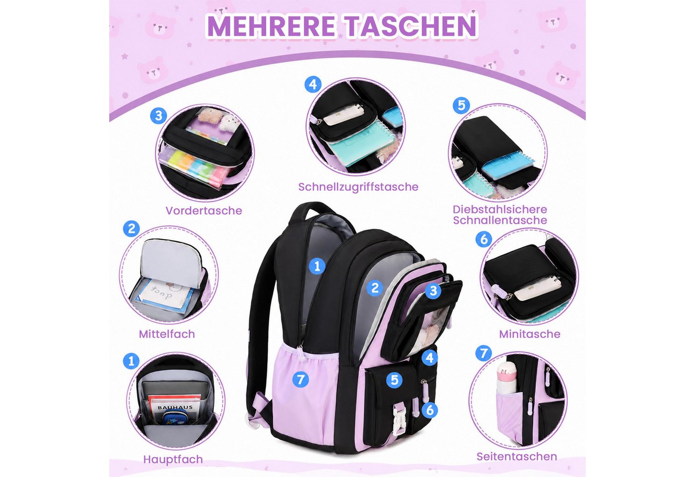 MOPUEA Schulrucksack Atmungsaktiv Schulrucksack Rucksack Schultasche Kawaii Büchertasche (Mit 3 süßen Anhängern), Turnbeutel Lässiger Schulranzen Jungen Teenager Multi-Tasche Daypacks Bild 2