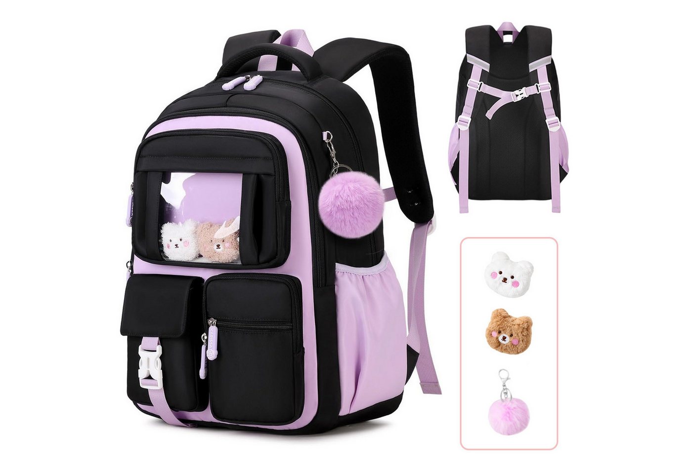 MOPUEA Schulrucksack Atmungsaktiv Schulrucksack Rucksack Schultasche Kawaii Büchertasche (Mit 3 süßen Anhängern), Turnbeutel Lässiger Schulranzen Jungen Teenager Multi-Tasche Daypacks Bild 3