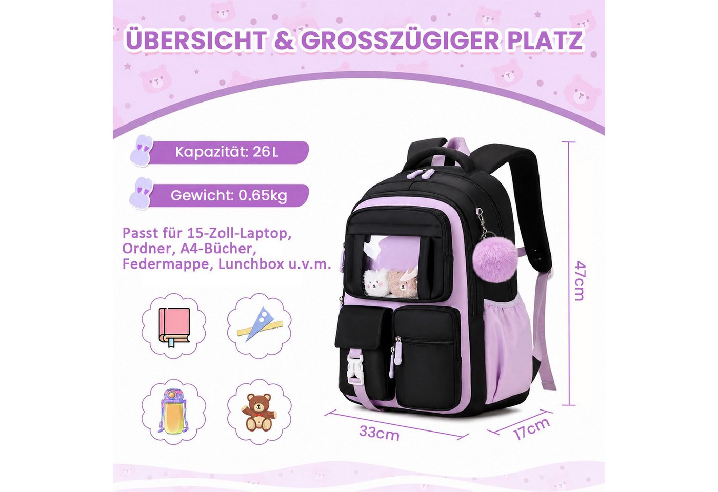 MOPUEA Schulrucksack Atmungsaktiv Schulrucksack Rucksack Schultasche Kawaii Büchertasche (Mit 3 süßen Anhängern), Turnbeutel Lässiger Schulranzen Jungen Teenager Multi-Tasche Daypacks Bild 4