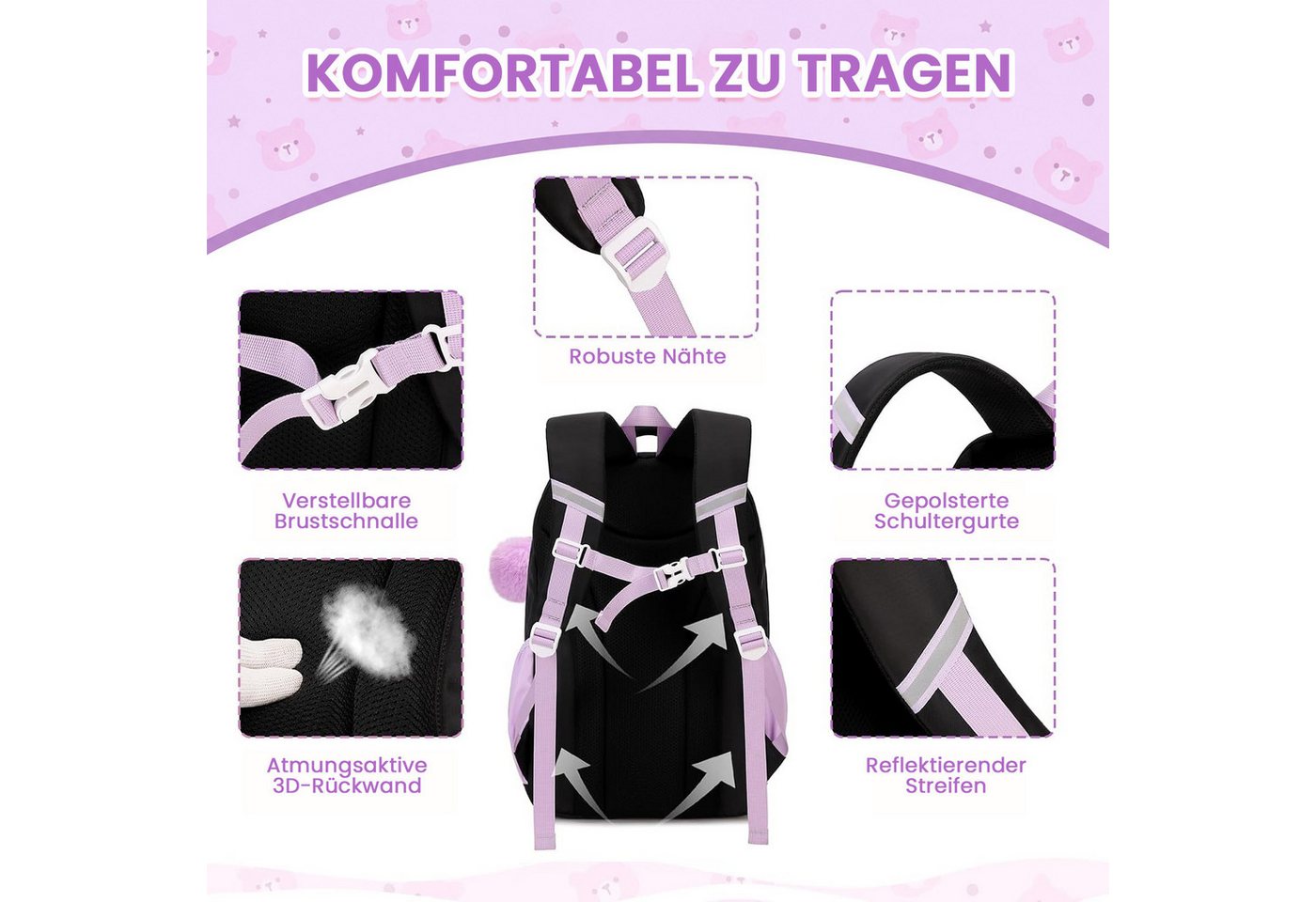 MOPUEA Schulrucksack Atmungsaktiv Schulrucksack Rucksack Schultasche Kawaii Büchertasche (Mit 3 süßen Anhängern), Turnbeutel Lässiger Schulranzen Jungen Teenager Multi-Tasche Daypacks Bild 5