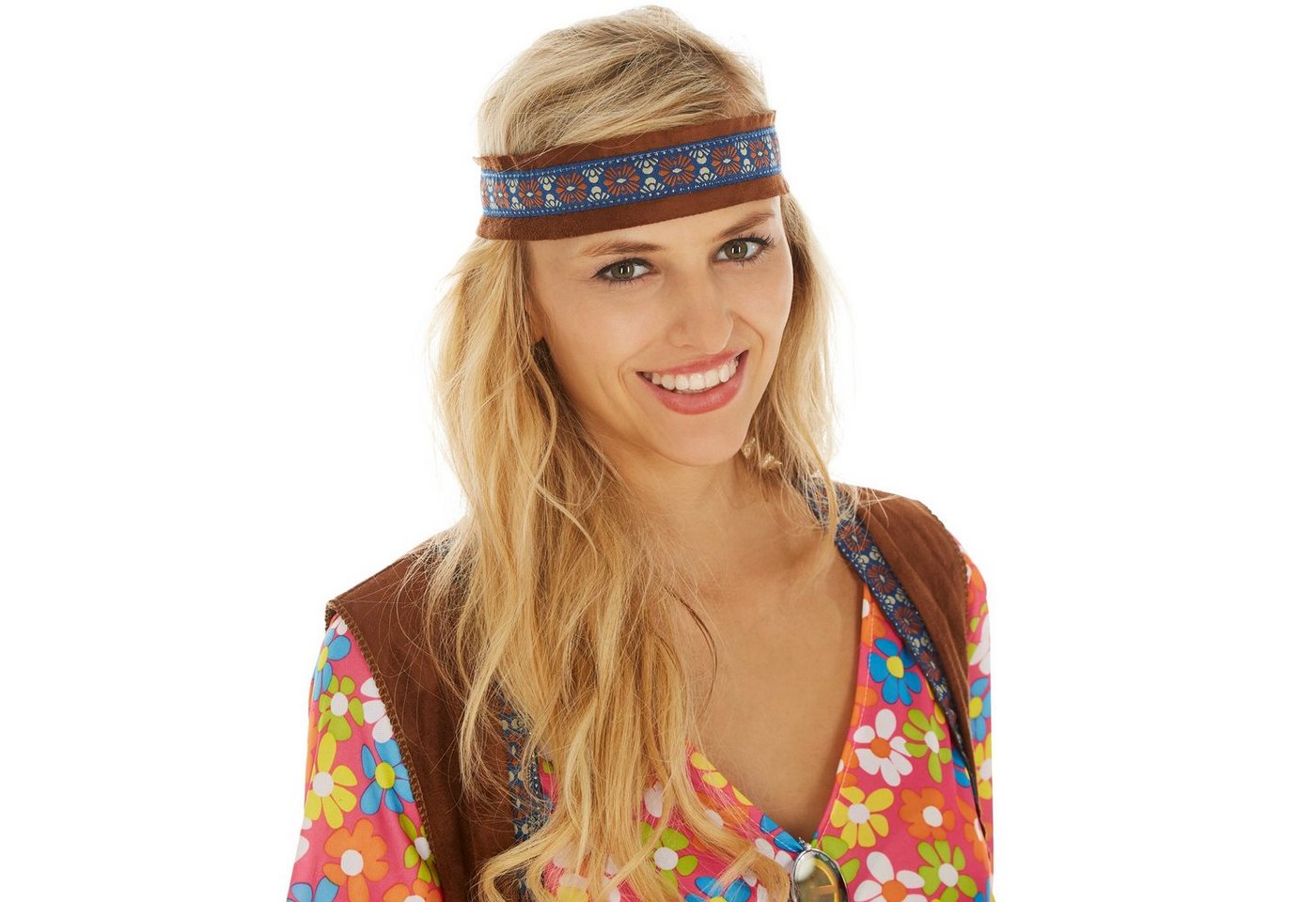 dressforfun Hippie-Kostüm Blumenkind/Friedensfreund, in der Farbe bunt, Gr. S, Inkl. Haarband, Blumenmuster im Retrolook der 70er, Weste aus Velourslederimitat Bild 2