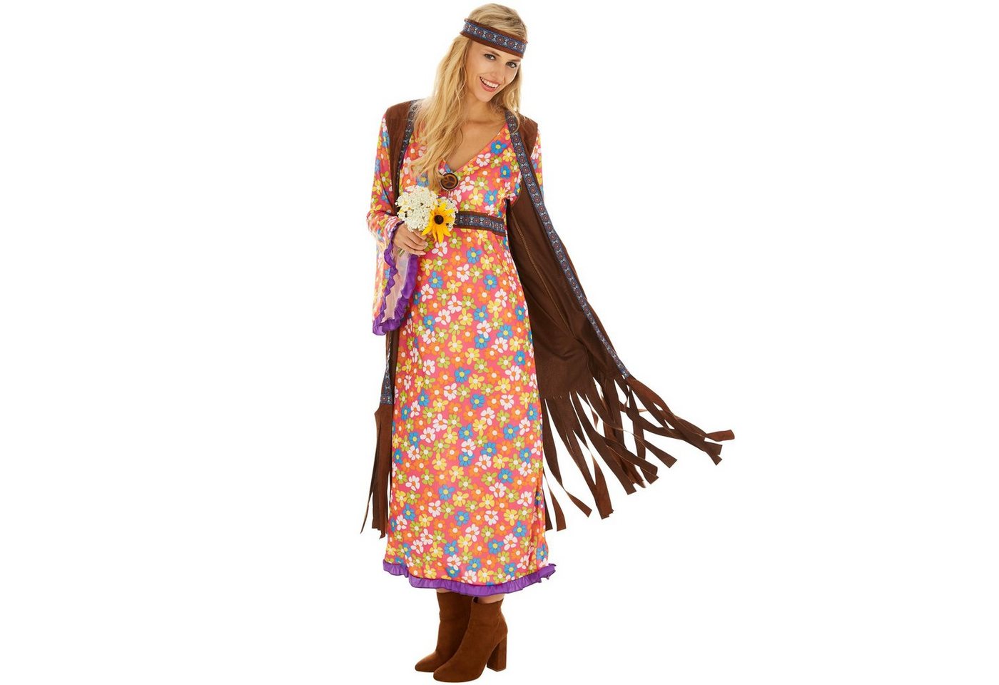 dressforfun Hippie-Kostüm Blumenkind/Friedensfreund, in der Farbe bunt, Gr. S, Inkl. Haarband, Blumenmuster im Retrolook der 70er, Weste aus Velourslederimitat Bild 4