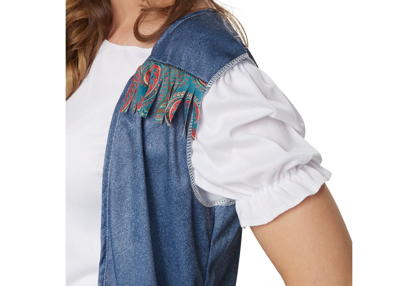dressforfun Hippie-Kostüm Blumenkind/Friedensfreund, in blau, Gr. M, Ärmellose Jacke mit, Stirnband mit Gummizugeinsatz, Kurze Ärmel mit Gummizug und Rüschung Bild 5