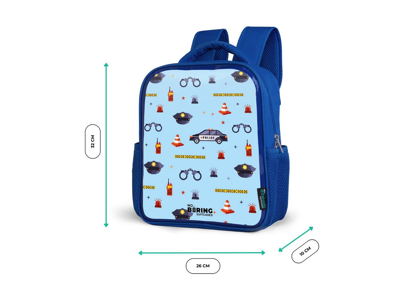 NoBoringSuitcases.com© Rucksack Blau - Polizei- und Sicherheitsmuster auf hellblau, Kinderrucksack, Schulrucksack, Freizeitrucksack, Jungen, Kindergarten