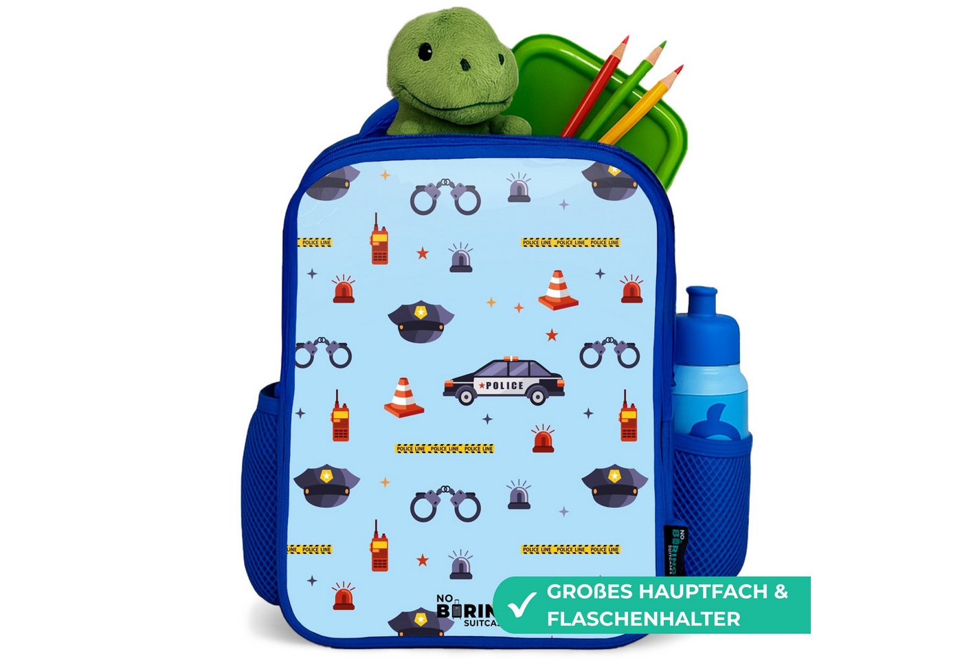 NoBoringSuitcases.com© Rucksack Blau - Polizei- und Sicherheitsmuster auf hellblau, Kinderrucksack, Schulrucksack, Freizeitrucksack, Jungen, Kindergarten Bild 5
