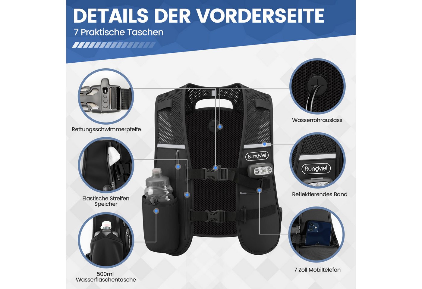 Bundviel Trinkrucksack Laufweste Damen Herren Reflektierende mit 500ml Wasserflasche, 2L Ultraleicht Wasserdicht Atmungsaktiv