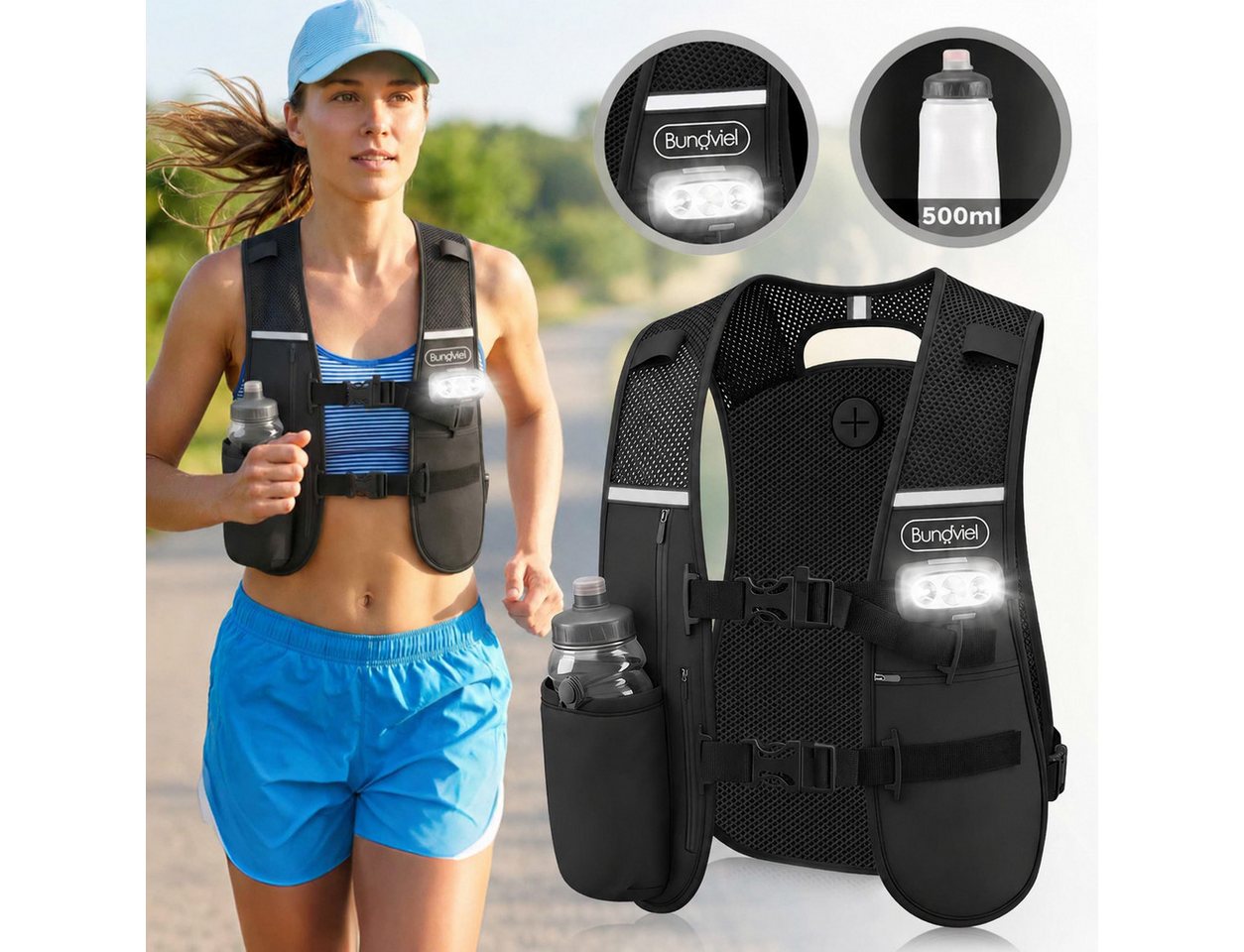 Bundviel Trinkrucksack Laufweste Damen Herren Reflektierende mit 500ml Wasserflasche, 2L Ultraleicht Wasserdicht Atmungsaktiv Bild 2