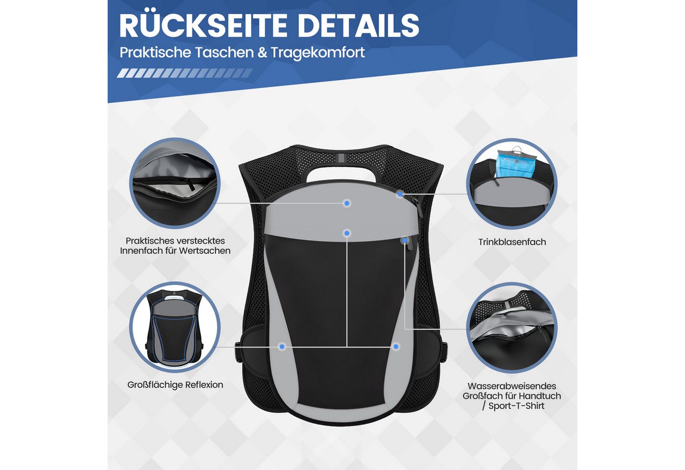 Bundviel Trinkrucksack Laufweste Damen Herren Reflektierende mit 500ml Wasserflasche, 2L Ultraleicht Wasserdicht Atmungsaktiv Bild 3