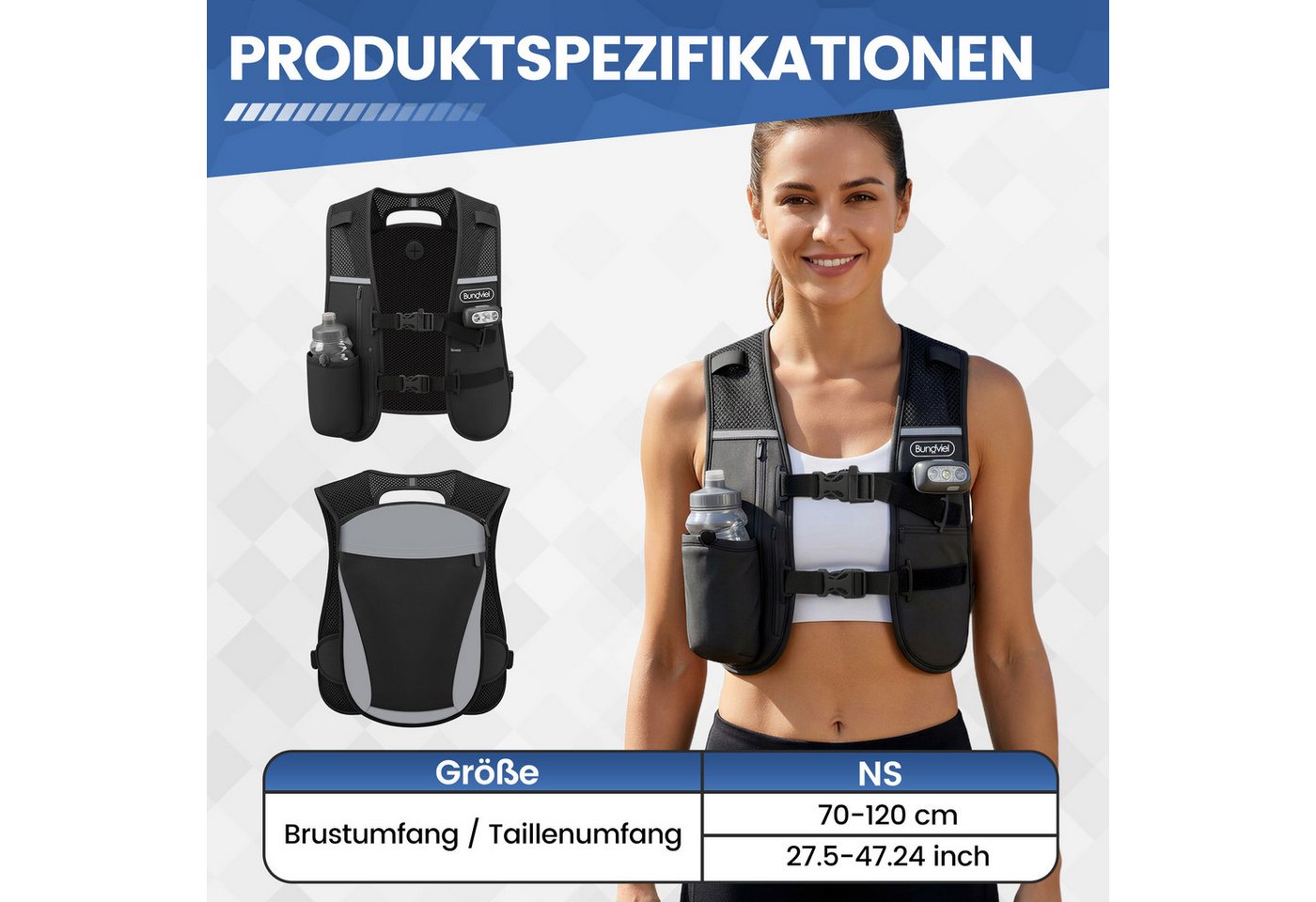 Bundviel Trinkrucksack Laufweste Damen Herren Reflektierende mit 500ml Wasserflasche, 2L Ultraleicht Wasserdicht Atmungsaktiv Bild 4