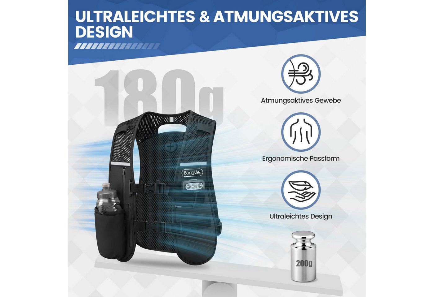 Bundviel Trinkrucksack Laufweste Damen Herren Reflektierende mit 500ml Wasserflasche, 2L Ultraleicht Wasserdicht Atmungsaktiv Bild 5