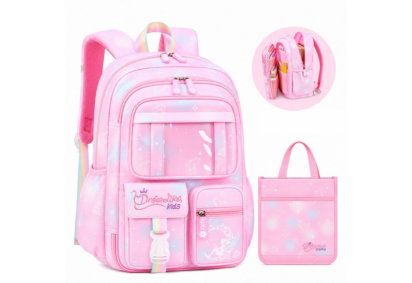 MOPUEA Schulrucksack Schulrucksack Set 2tlg Schultasche Seitlich Öffnend Viel Stauraum