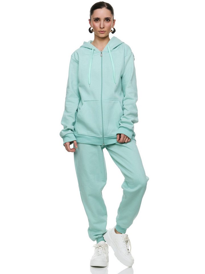 L.gonline Freizeitanzug Damen Jogginganzug einfarbig 100% Baumwolle 586 Mint 3XL (Kapuzenjacke mit Reißverschluss, Hose, 2-tlg), Fitness Freizeit Casual