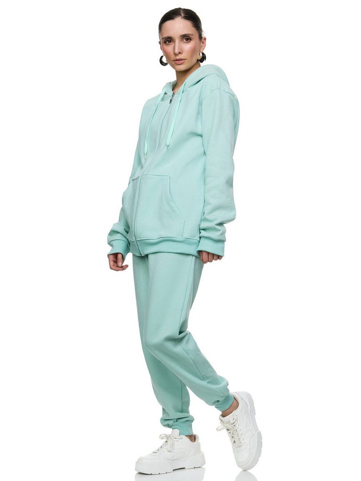 L.gonline Freizeitanzug Damen Jogginganzug einfarbig 100% Baumwolle 586 Mint 3XL (Kapuzenjacke mit Reißverschluss, Hose, 2-tlg), Fitness Freizeit Casual Bild 2