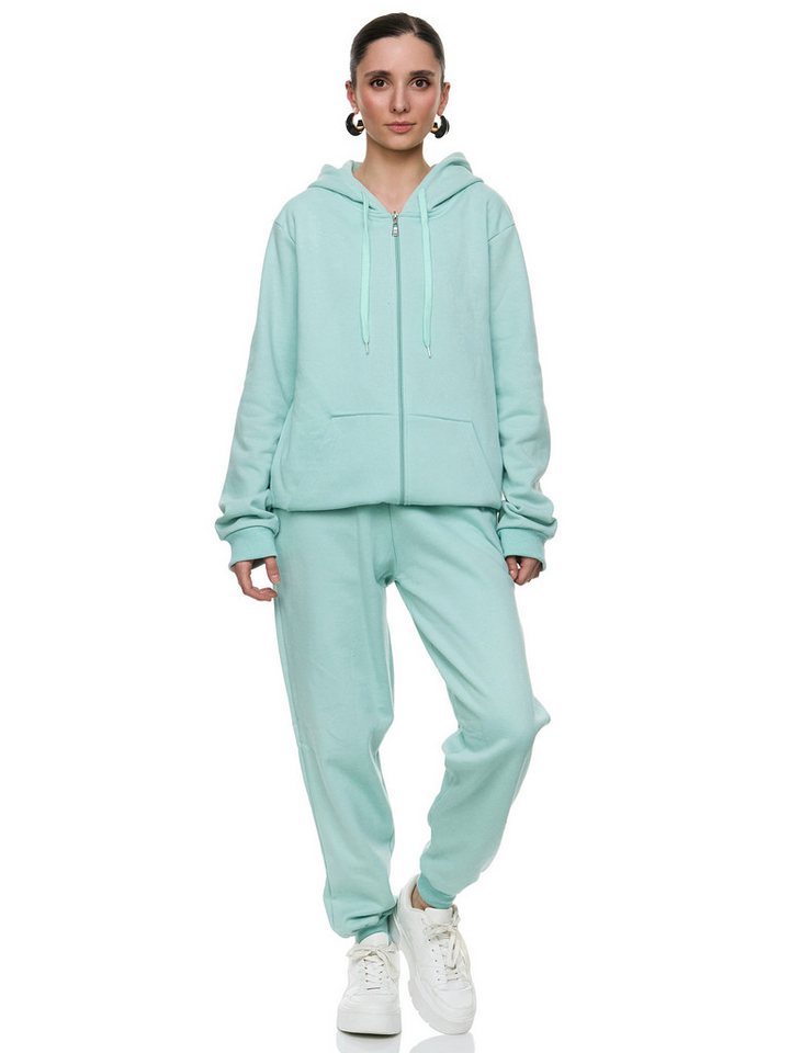 L.gonline Freizeitanzug Damen Jogginganzug einfarbig 100% Baumwolle 586 Mint 3XL (Kapuzenjacke mit Reißverschluss, Hose, 2-tlg), Fitness Freizeit Casual Bild 4
