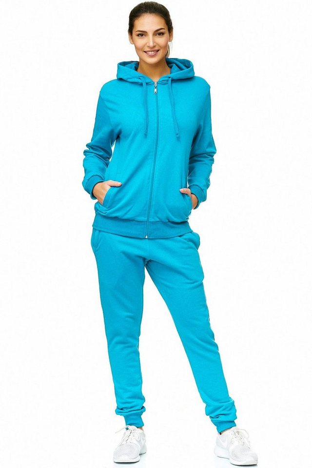 L.gonline Freizeitanzug Damen Jogginganzug einfarbig 100% Baumwolle 586 Türkis 3XL (Kapuzenjacke mit Reißverschluss, Hose, 2-tlg), Fitness Freizeit Casual