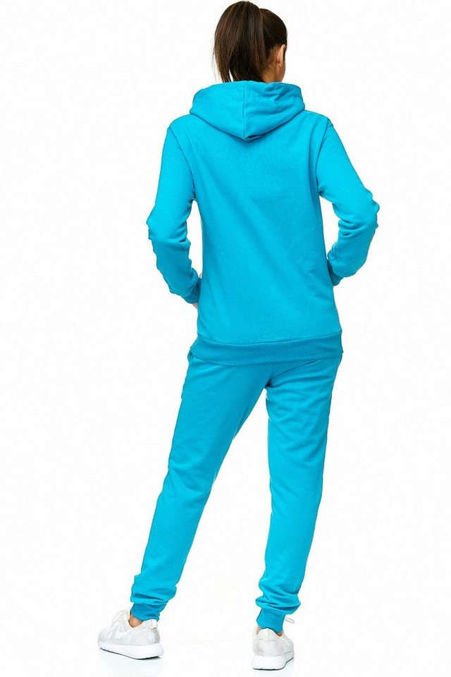 L.gonline Freizeitanzug Damen Jogginganzug einfarbig 100% Baumwolle 586 Türkis 3XL (Kapuzenjacke mit Reißverschluss, Hose, 2-tlg), Fitness Freizeit Casual Bild 3