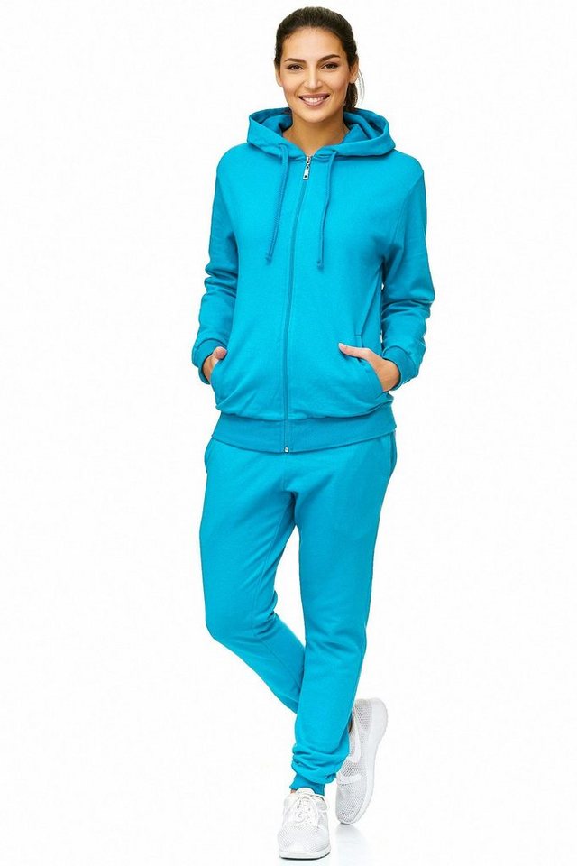 L.gonline Freizeitanzug Damen Jogginganzug einfarbig 100% Baumwolle 586 Türkis 3XL (Kapuzenjacke mit Reißverschluss, Hose, 2-tlg), Fitness Freizeit Casual Bild 5