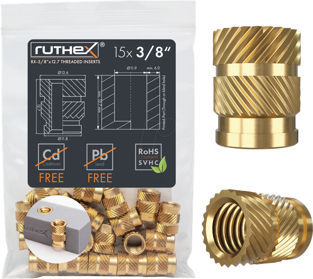 RX-3/8-16-X12.7 - 3D Druck, Gewindeeinsätze, 3/8''x12,7, 15 Stück