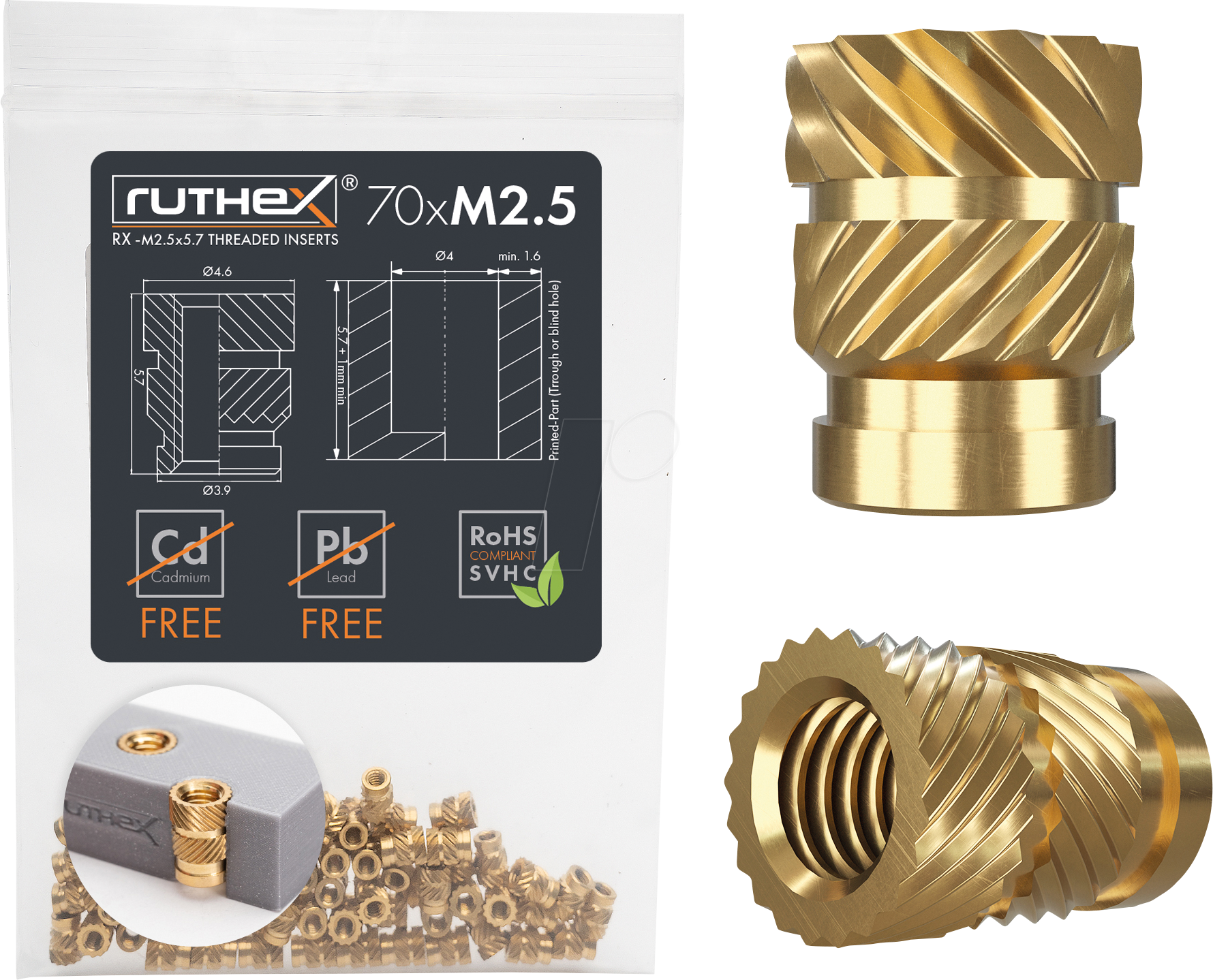 RX-M2,5X5,7 - 3D Druck, Gewindeeinsätze, M2,5x5,7, 70 Stück