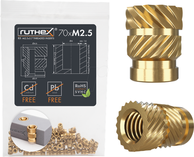 RX-M2,5X5,7 - 3D Druck, Gewindeeinsätze, M2,5x5,7, 70 Stück