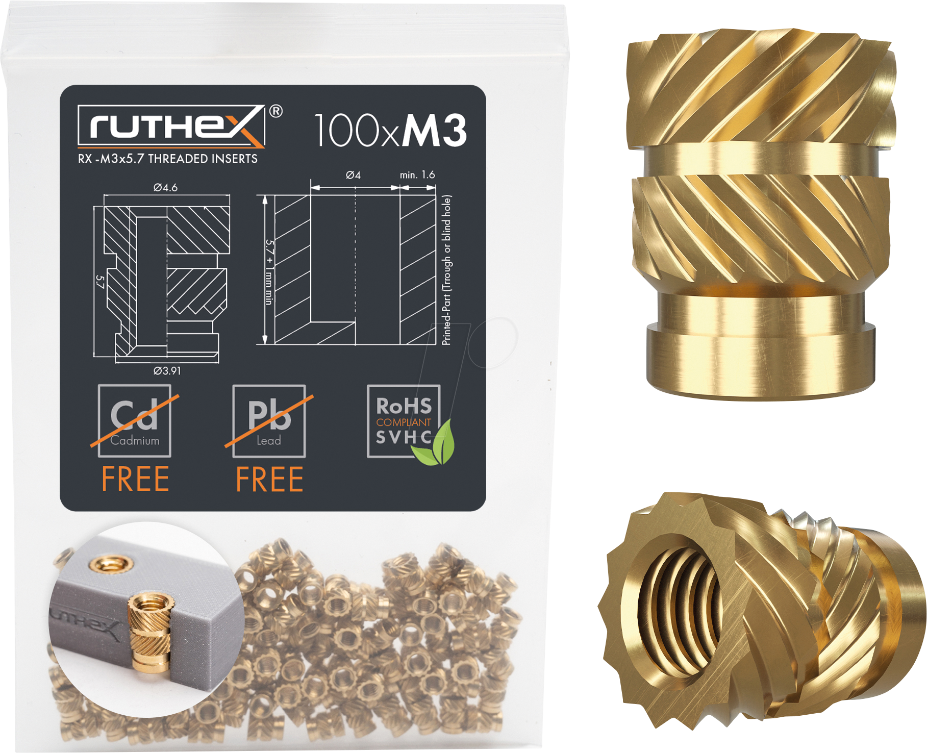 RX-M3X5,7 - 3D Druck, Gewindeeinsätze, M3x5,7, 100 Stück