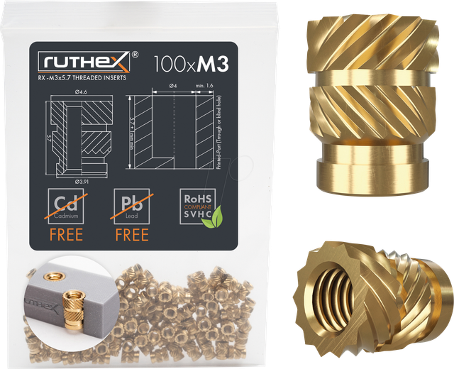 RX-M3X5,7 - 3D Druck, Gewindeeinsätze, M3x5,7, 100 Stück