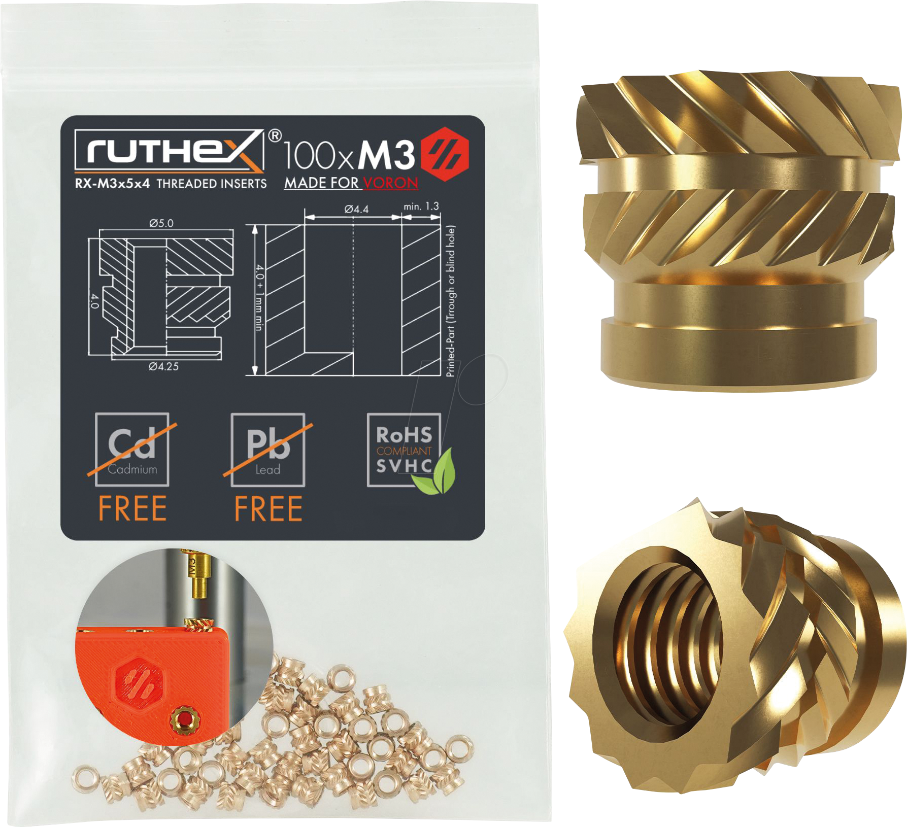 RX-M3X5X4 - 3D Druck, Gewindeeinsätze, VORON, M3, 100 Stück