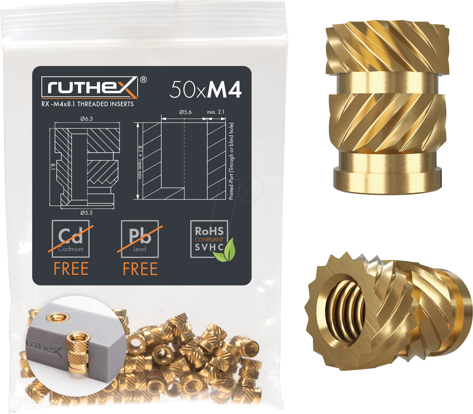 RX-M4X8,1 - 3D Druck, Gewindeeinsätze, M4x8,1, 50 Stück